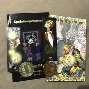 Bøkene Spøkelsesprinsessen og Steinportalen med tilhørende bokmerker og magiske mynter.